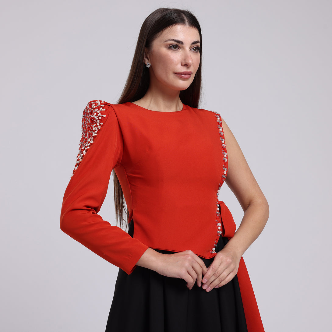 فستان بكم واحد مزين بشك - Rosemet